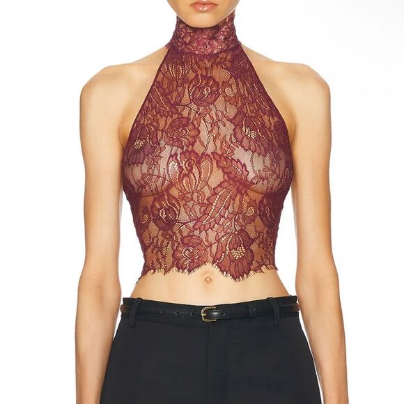Elegant Lace Halter Top - Burgundy - Picture 1 of 4